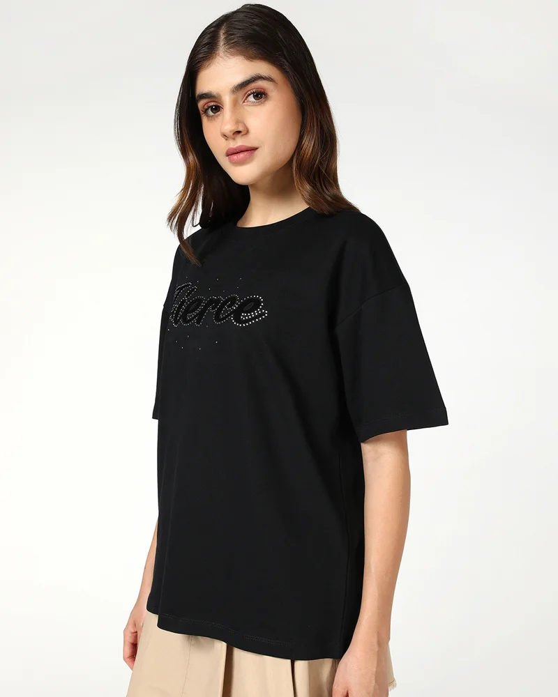 bewakoof Women's Black Fierce Embellished Oversized T-shirt
